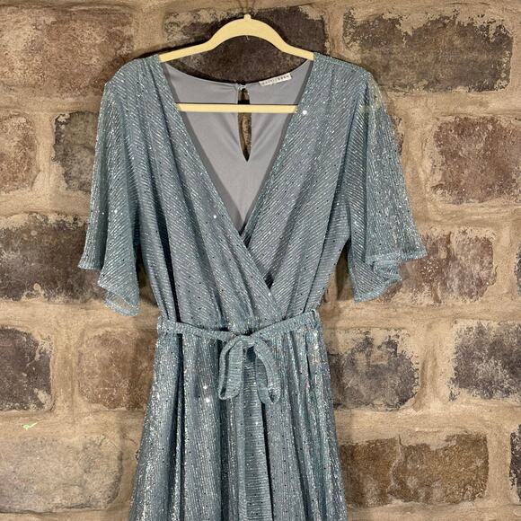 Baltic Born Grace Dress Light Blue Sequins Maxi Gown Belted Flutter Sleeves - Picture 3 of 14